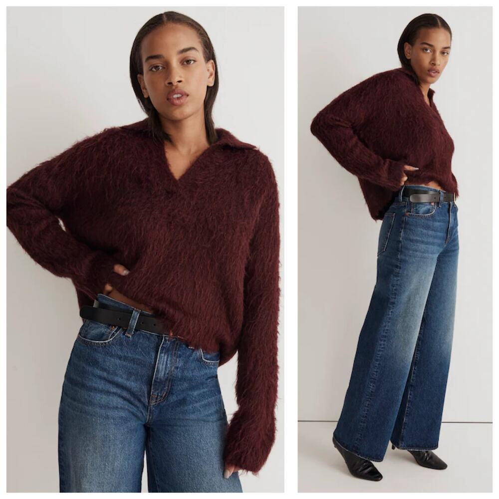 Madewell Brushed Polo Sweater Size XXS Burgundy Oversized Shaggy Soft Chic